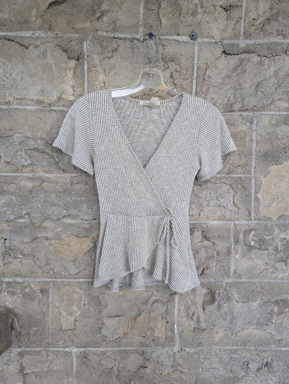 Peplum Striped Tie Waist V-neck Women's Feminine Small Butterfly Sleeve Top